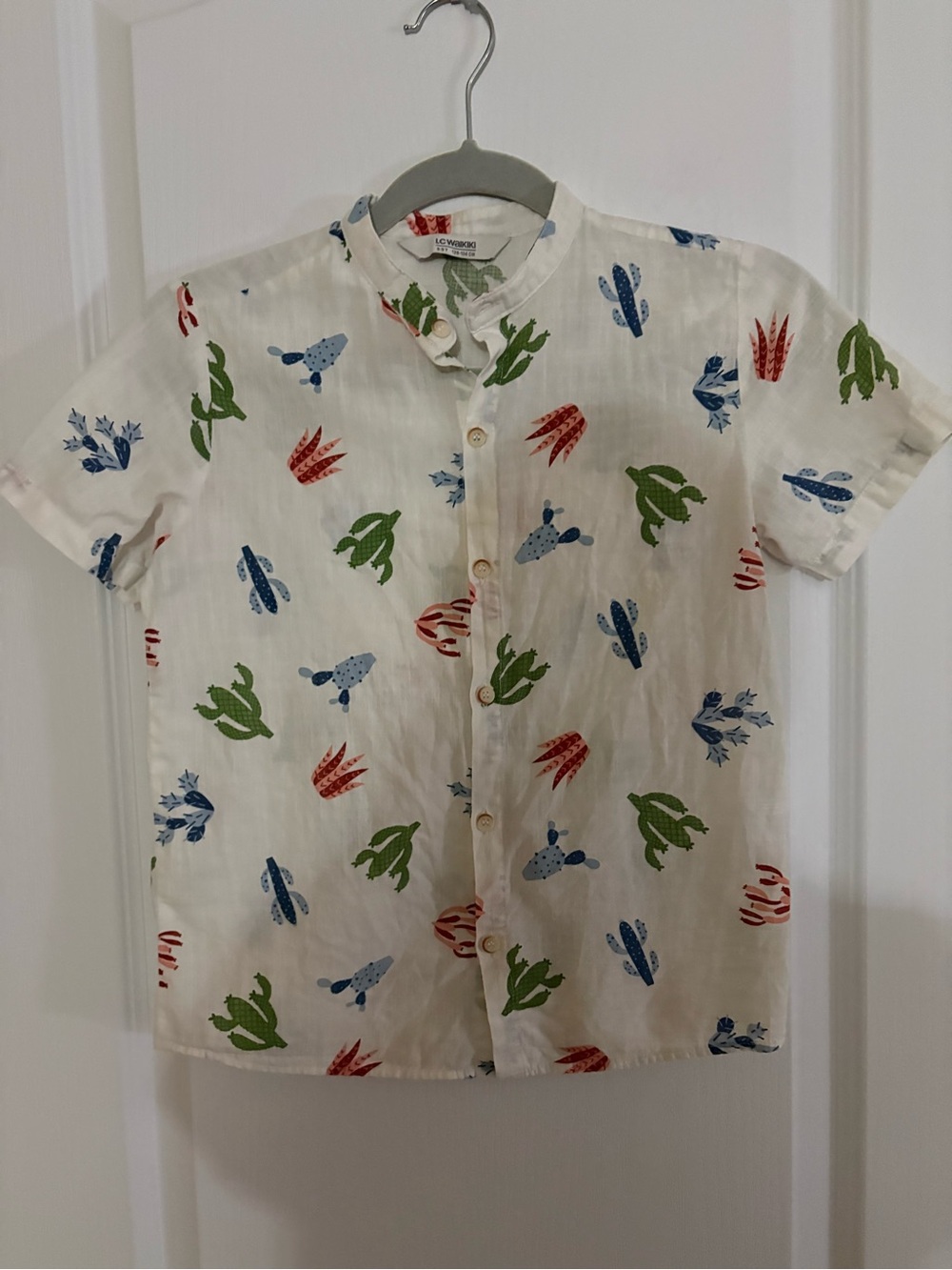 White Short-Sleeve Button-Down Shirt with Multicolor Cactus Print